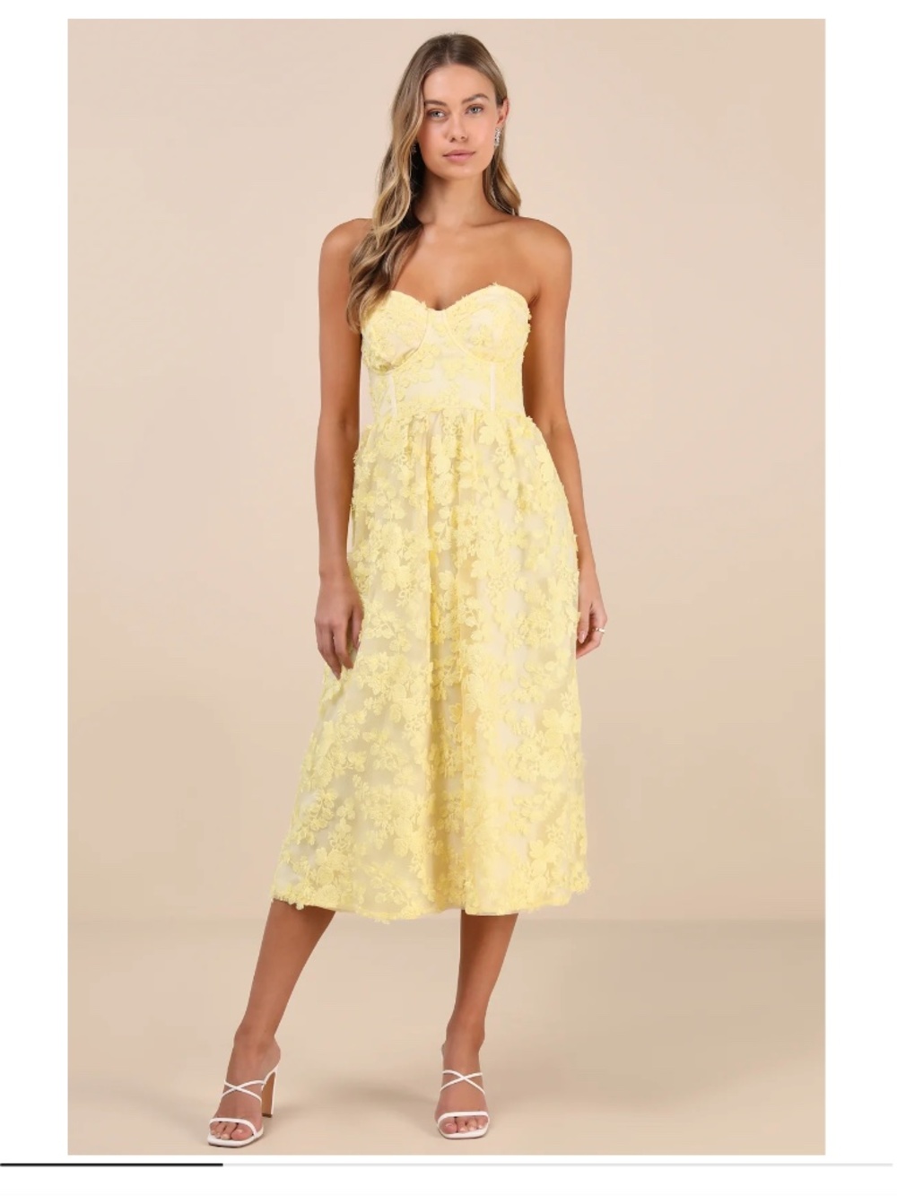 Yellow Floral Embroidered Strapless Midi Dress